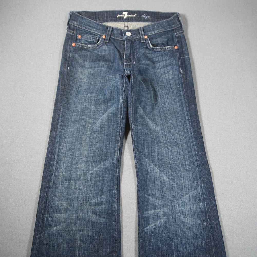 Y2K VTG Seven7 Dojo Flare Low Boot Cut Stretch Women Jeans 25x33 Fade Dark Wash